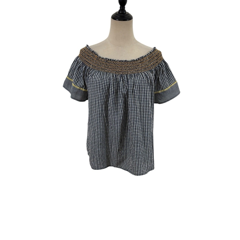 Hem & Thread Blue Gingham Top Sz L Off Shoulder Present Boho Cowgirl Western